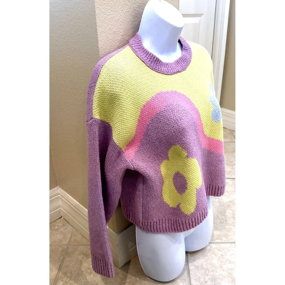 Zara Knit Floral Wavy Colorblock Cropped Sweater Pastel Yellow‎ Lilac Sz M